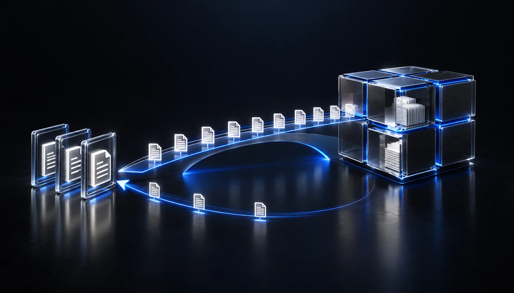 Document tiles cross a blue bridge from SharePoint into a glass archive cube. A return path brings a file back to SharePoint.